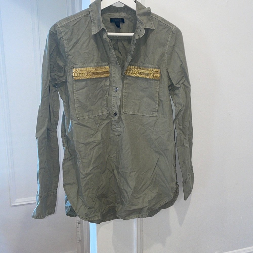 Jcrew army green button down with gold detail